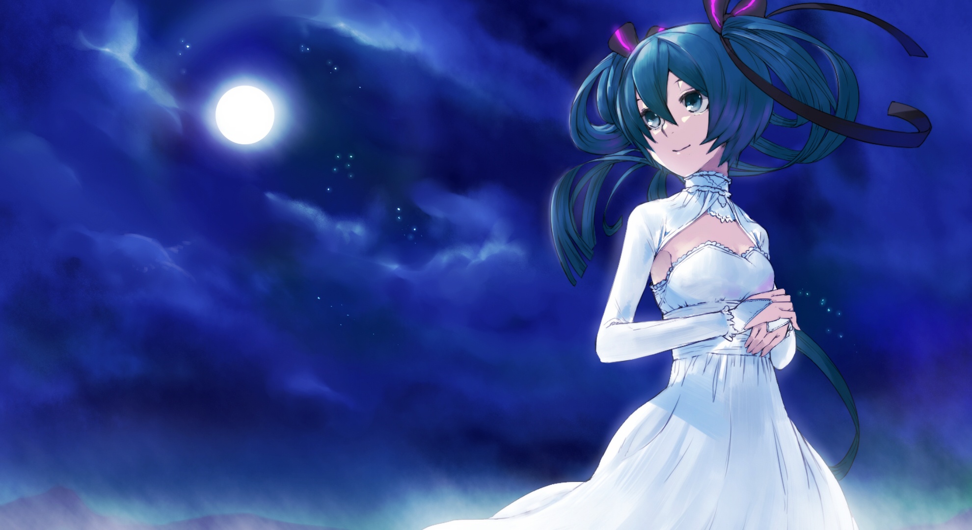 Vocaloid, Hatsune, Miku, blue, eyes, hair, dress, long, moon, night, ribbon, smile, stars, twin, tails, , , anime, picture, , |, , , pictures