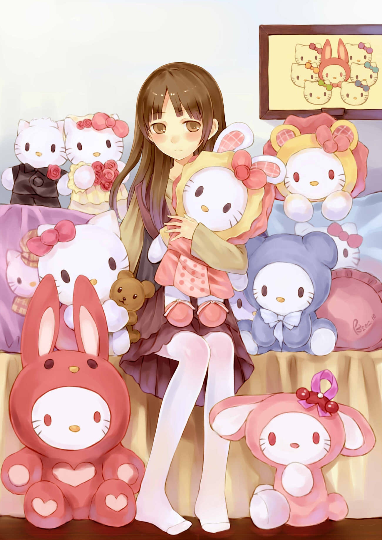 Hello, Kitty, blush, brown, eyes, hair, dress, flower, long, neko, pantyhose, stuffed, animal, , , anime, picture, , |, , , pictures