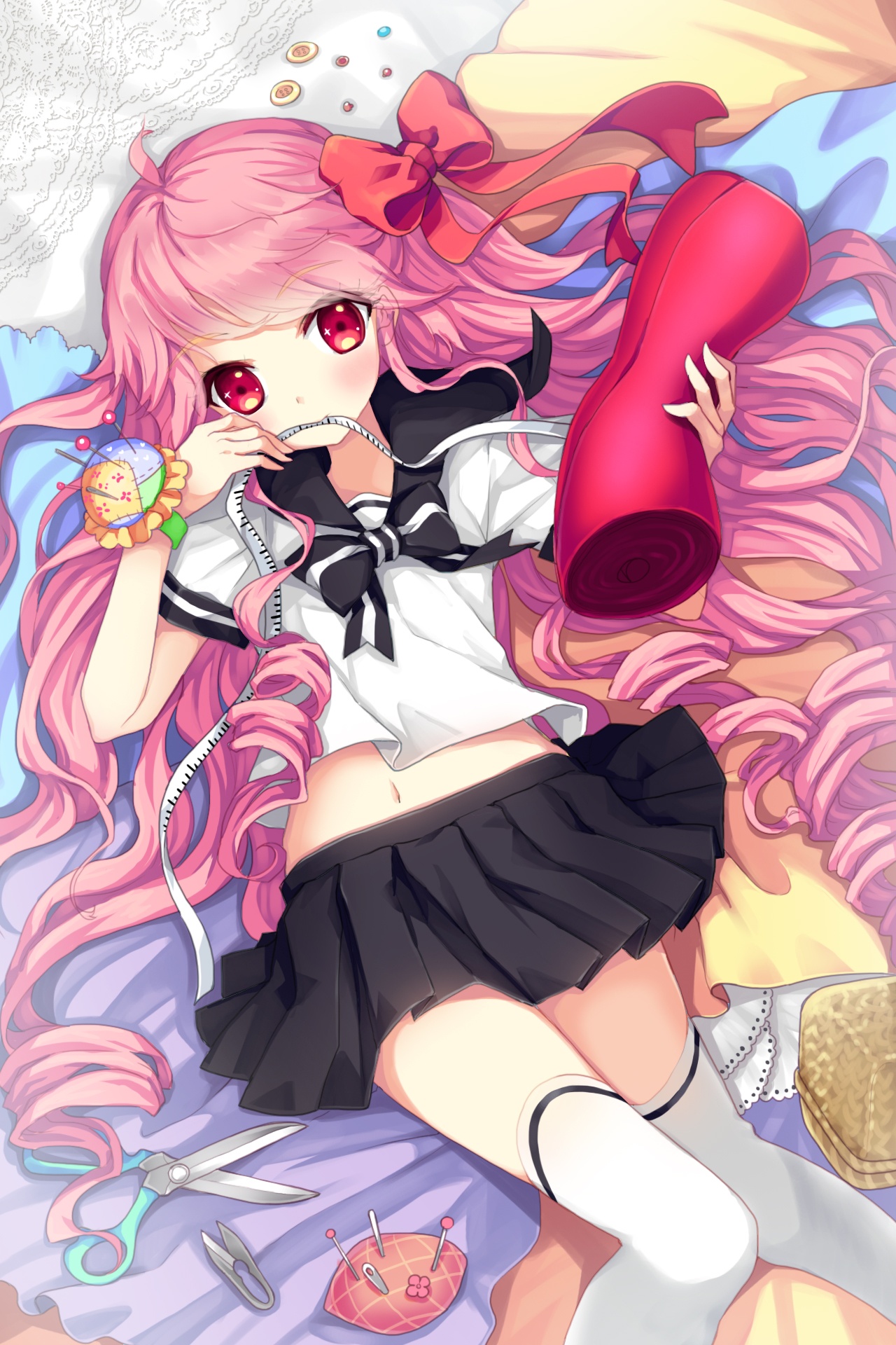 Anime, CG, Pictures, ahoge, blush, curly, hair, long, pink, eyes, ribbon, seifuku, thigh, highs, , , picture, , |, , 