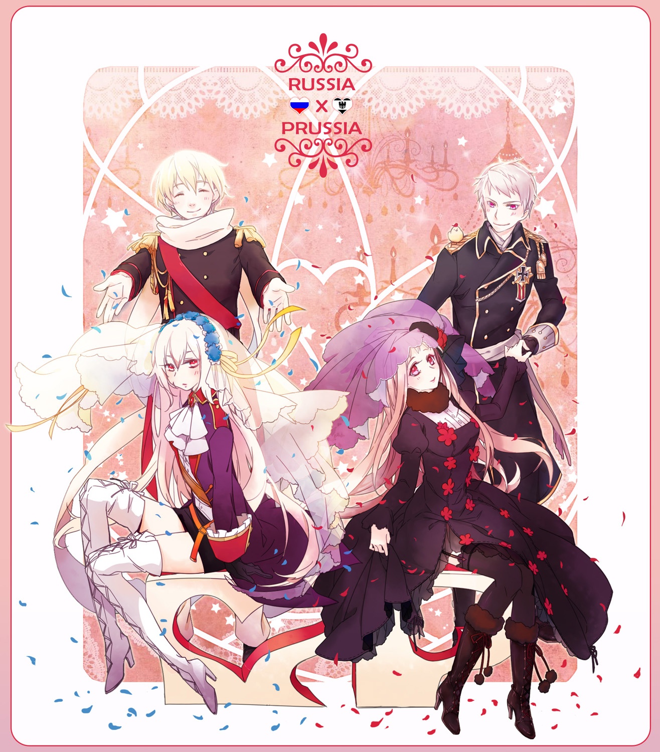 Axis, Powers, Hetalia, Prussia, Russia, albino, blonde, hair, blush, boots, dress, genderswap, gloves, group, happy, headdress, high, heels, holding, hands, jacket, long, purple, eyes, ribbon, scarf, short, skirt, smile, stars, thigh, highs, tori, uniform, wedding, white, ^_^, , , anime, picture, , |, , , pictures