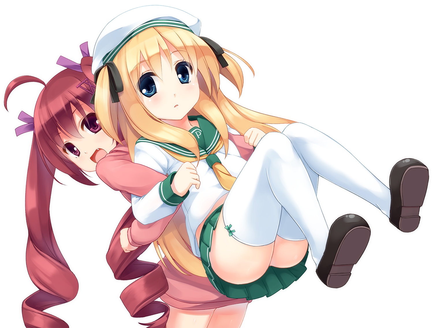 Shimotsuki, Potofu, Watora, Hazuki, ahoge, blonde, hair, blue, eyes, blush, curly, fang, hairpins, happy, hoodie, long, ribbon, seifuku, thigh, highs, twin, tails, , , anime, picture, , |, , , pictures