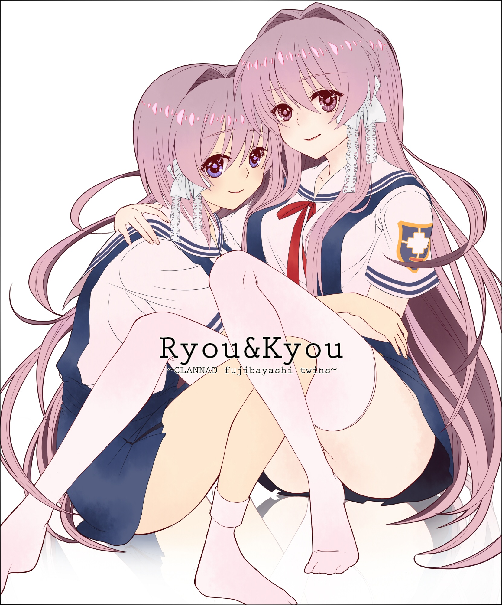 Clannad, Fujibayashi, Kyou, Ryou, blue, eyes, long, hair, purple, ribbon, seifuku, short, smile, thigh, highs, twins, , , anime, picture, , |, , , pictures