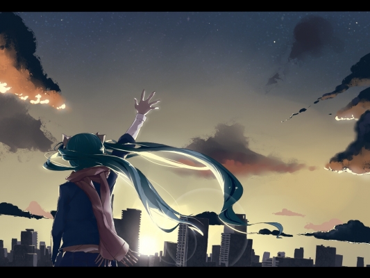 Vocaloid : Hatsune Miku 102615
 583386  vocaloid  hatsune miku   ( Anime CG Anime Pictures      ) 102615   : Fuyubou
green hair long ribbon scarf sky sunset twin tails wallpaper   anime picture