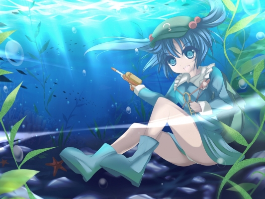 Touhou : Kawashiro Nitori 102620
 583406  touhou  kawashiro nit i   ( Anime CG Anime Pictures      ) 102620   : Marionette
blue eyes hair boots dress happy long twin tails underwater water weapon   anime picture