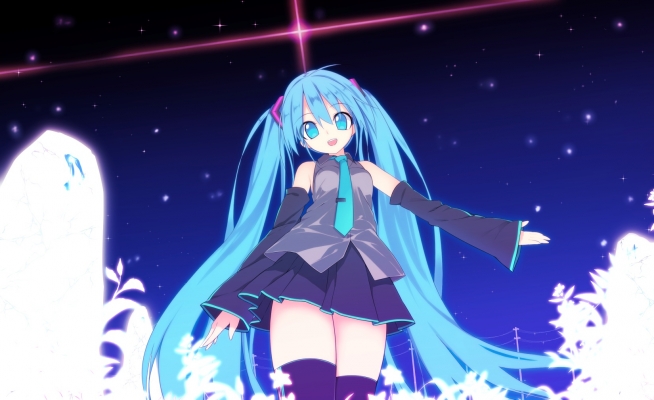Vocaloid : Hatsune Miku 102831
 584262  vocaloid  hatsune miku   ( Anime CG Anime Pictures      ) 102831   : Denpa Inu
ahoge blue hair flower happy long night skirt sky stars thigh highs tie twin tails   anime picture