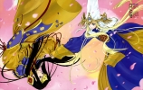 The Five Star Stories :  102585
black hair blonde blue eyes hat holding hands jewelry kimono long purple sakura   anime picture