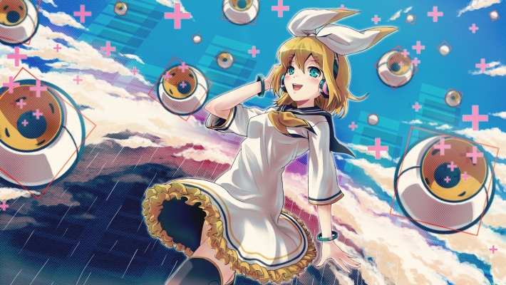Vocaloid : Kagamine Rin 102936
 584815  vocaloid  kagamine rin   ( Anime CG Anime Pictures      ) 102936   : Shimahara
blonde hair blue eyes blush dress hairpins happy headphones jewelry rain ribbon short sky thigh highs   anime picture