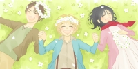 Shingeki no Kyojin : Armin Arlert Eren Yeager Mikasa Ackerman 103038
black hair blonde brown child dress flower group happy holding hands scarf ^_^   anime picture