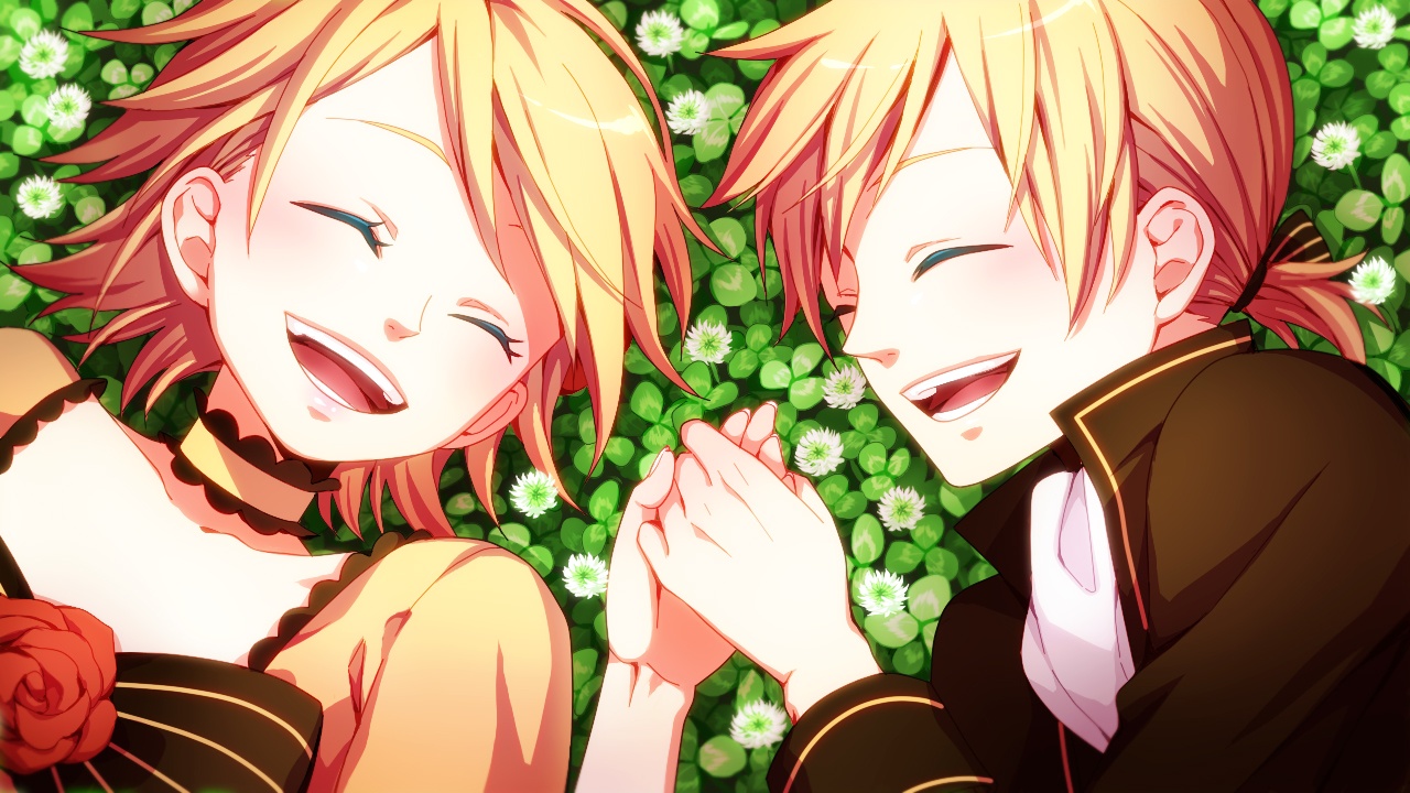Vocaloid, Kagamine, Len, Rin, blonde, hair, choker, flower, happy, holding, hands, ponytail, short, twins, wallpaper, ^_^, , , anime, picture, , |, , , pictures