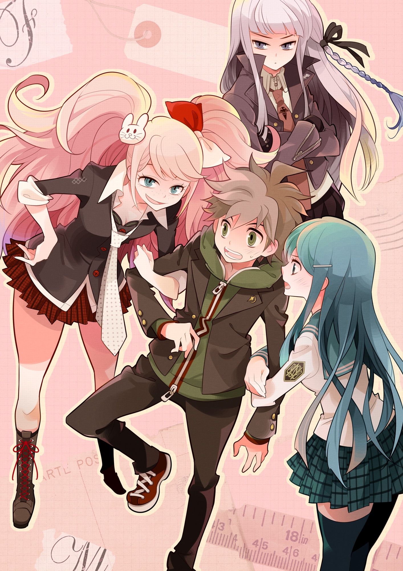 Dangan, Ronpa, Enoshima, Junko, Kirigiri, Kyouko, Maizono, Sayaka, Naegi, Makoto, angry, blue, eyes, hair, boots, braids, brown, freckles, gloves, green, group, hairpins, happy, hoodie, jacket, long, pants, pink, purple, ribbon, seifuku, short, skirt, surprised, sweatdrop, thigh, highs, twin, tails, , , anime, picture, , |, , , pictures