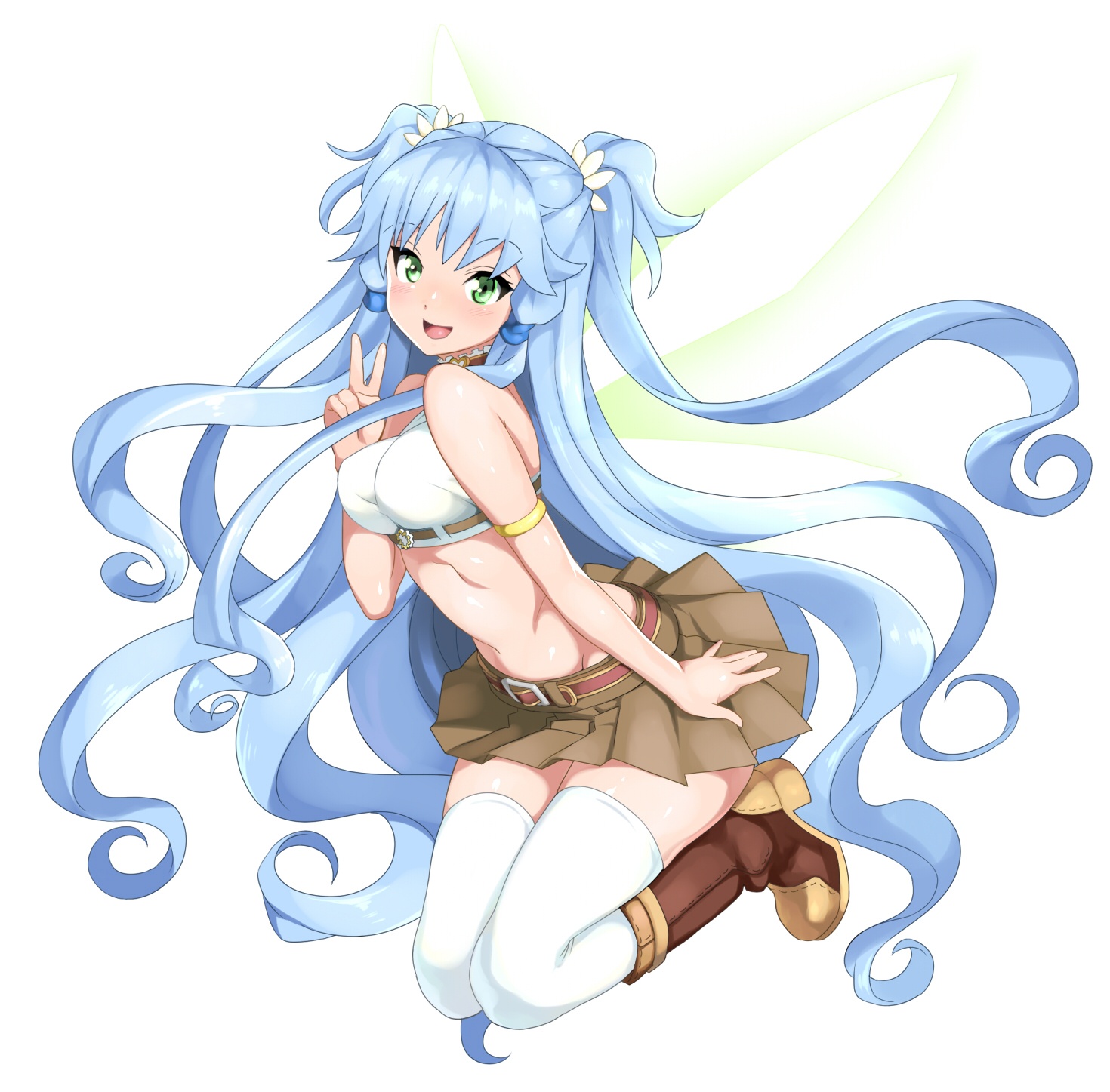 Anime, CG, Pictures, blue, hair, blush, boots, fairy, flying, green, eyes, happy, long, skirt, thigh, highs, twin, tails, wings, , , picture, , |, , 