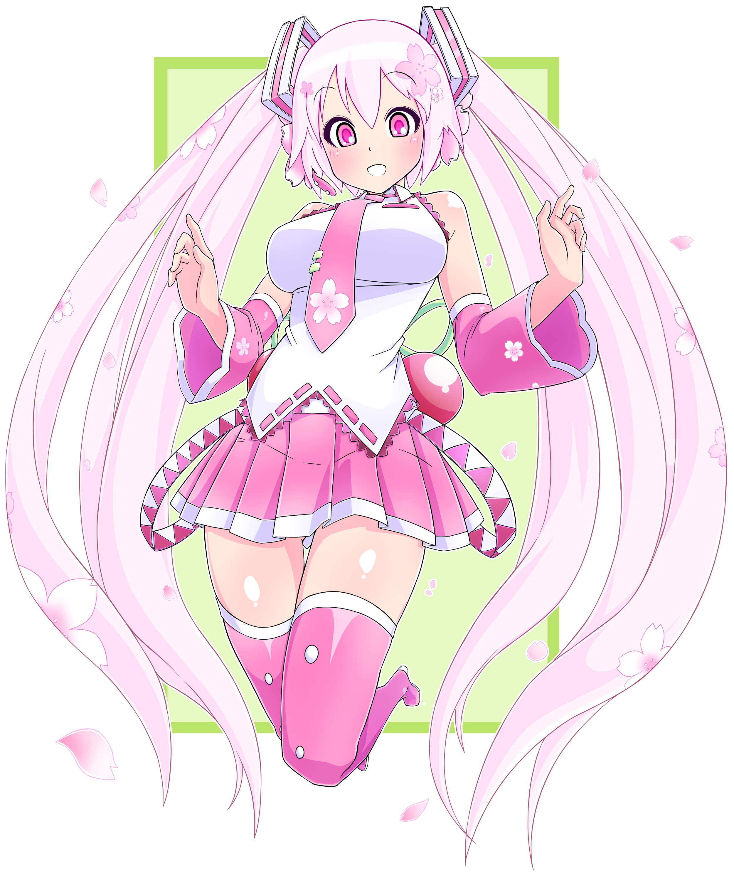 Vocaloid, Hatsune, Miku, Sakura, blush, boots, long, hair, pink, eyes, ribbon, skirt, twin, tails, , , anime, picture, , |, , , pictures