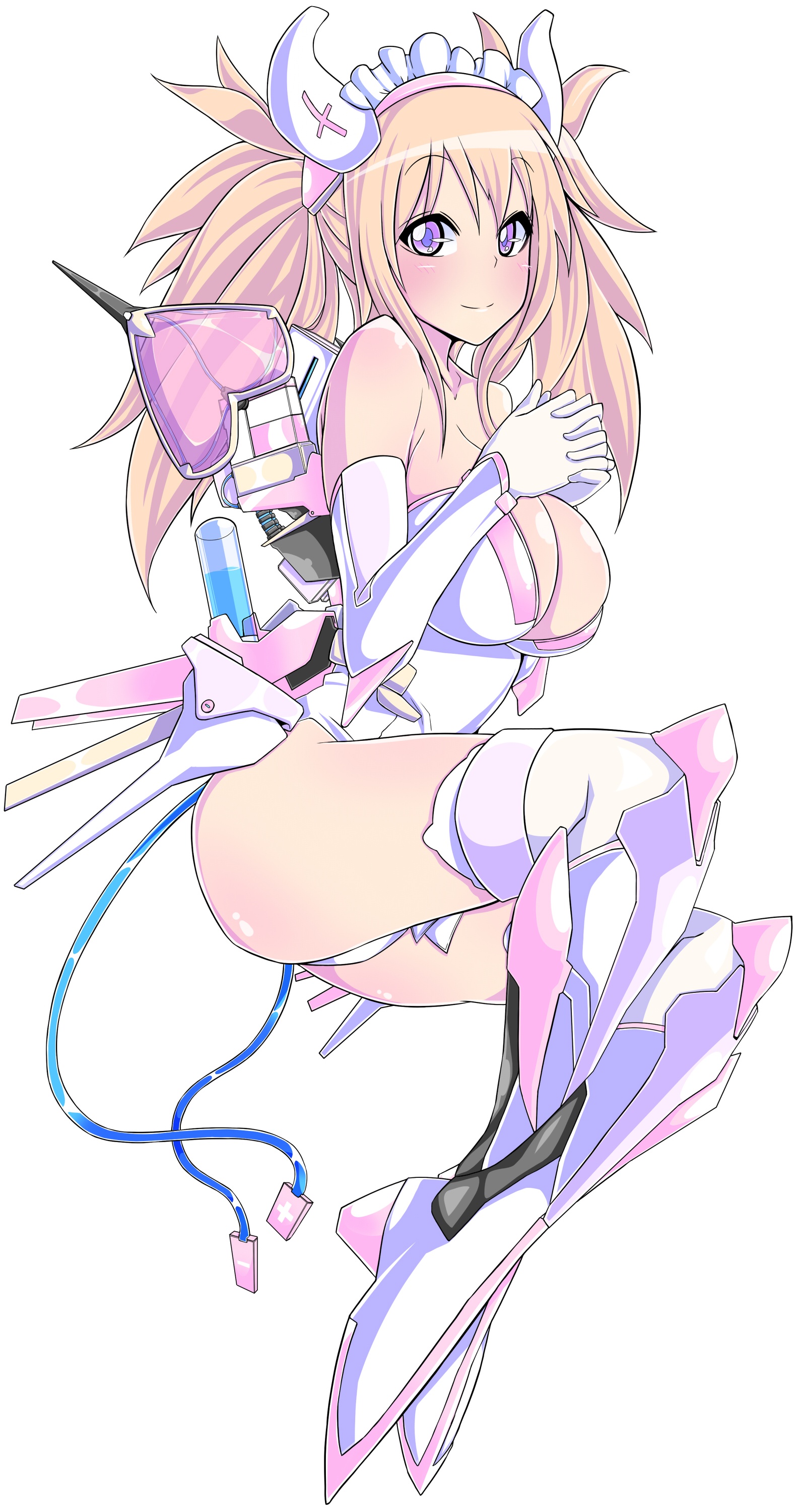 Anime, CG, Pictures, blush, bodysuit, boots, brown, hair, gloves, headdress, long, mecha, musume, nurse, purple, eyes, smile, thigh, highs, twin, tails, , , picture, , |, , 