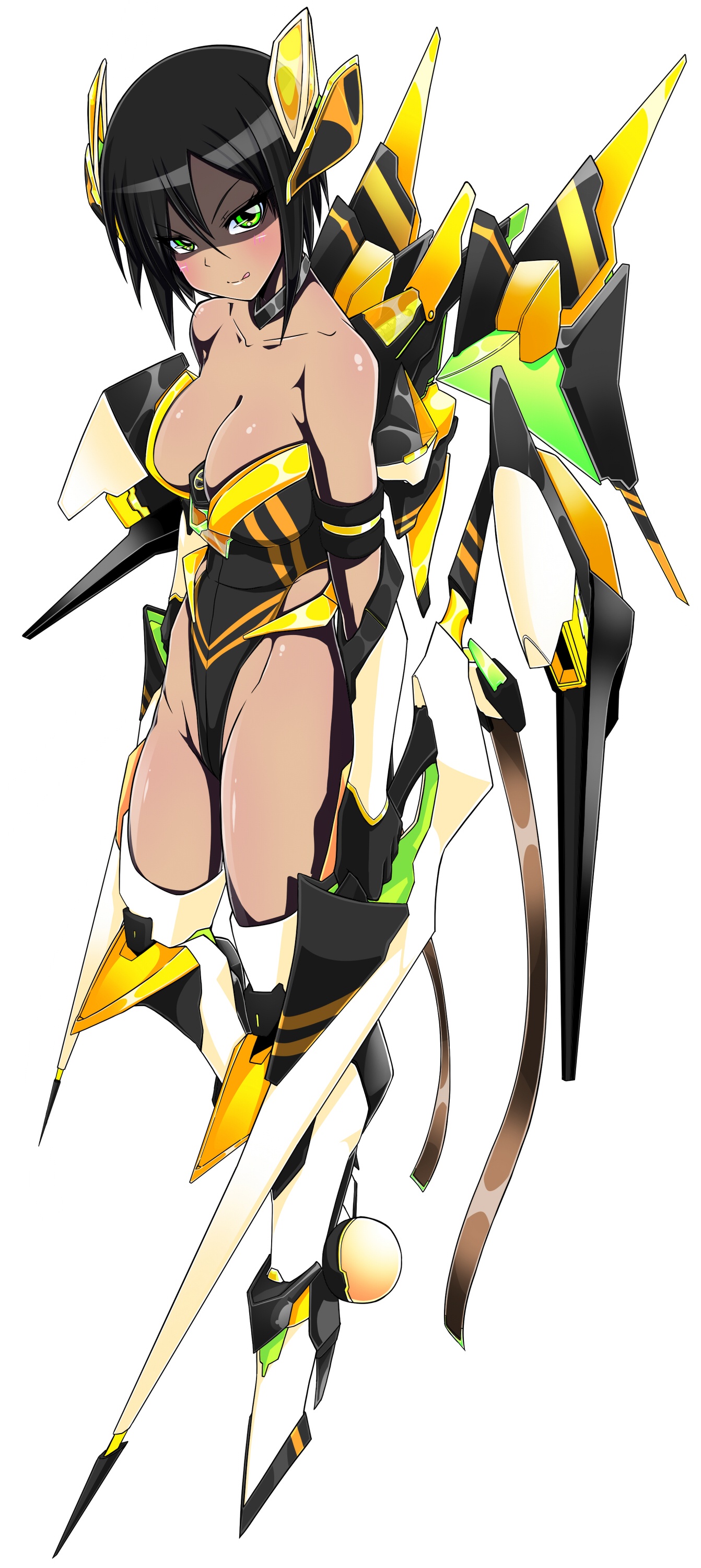 Anime, CG, Pictures, black, hair, blush, bodysuit, boots, gloves, green, eyes, mecha, musume, short, smile, sword, tongue, , , picture, , |, , 