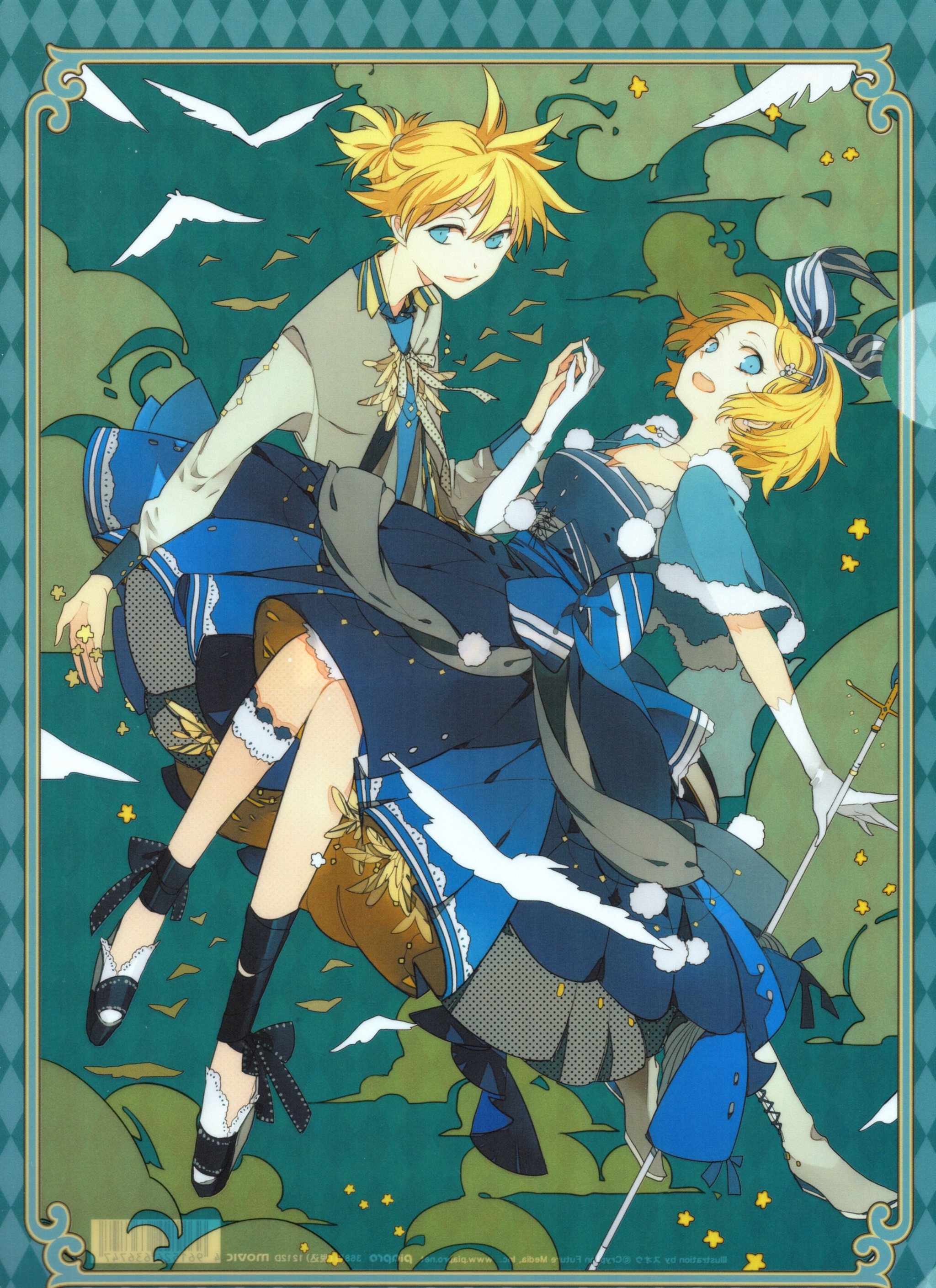 Vocaloid, Kagamine, Len, Rin, ahoge, blonde, hair, blue, eyes, boots, choker, dress, gloves, hairpins, happy, high, heels, holding, hands, short, stars, tori, twins, , , anime, picture, , |, , , pictures