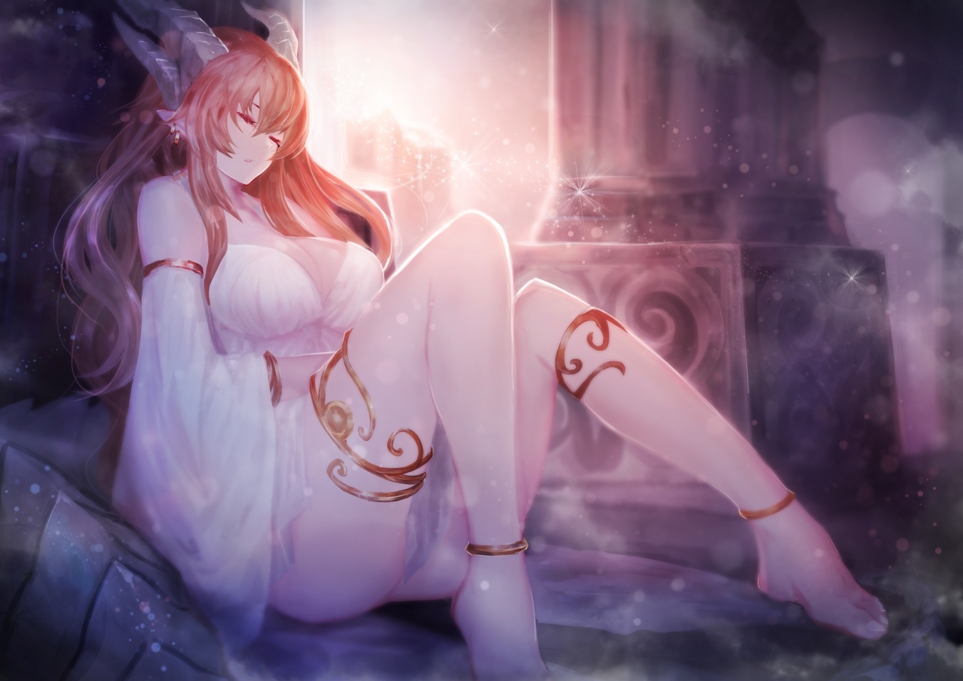 Anime, CG, Pictures, barefoot, dress, horns, jewelry, long, hair, orange, sleep, , , picture, , |, , 