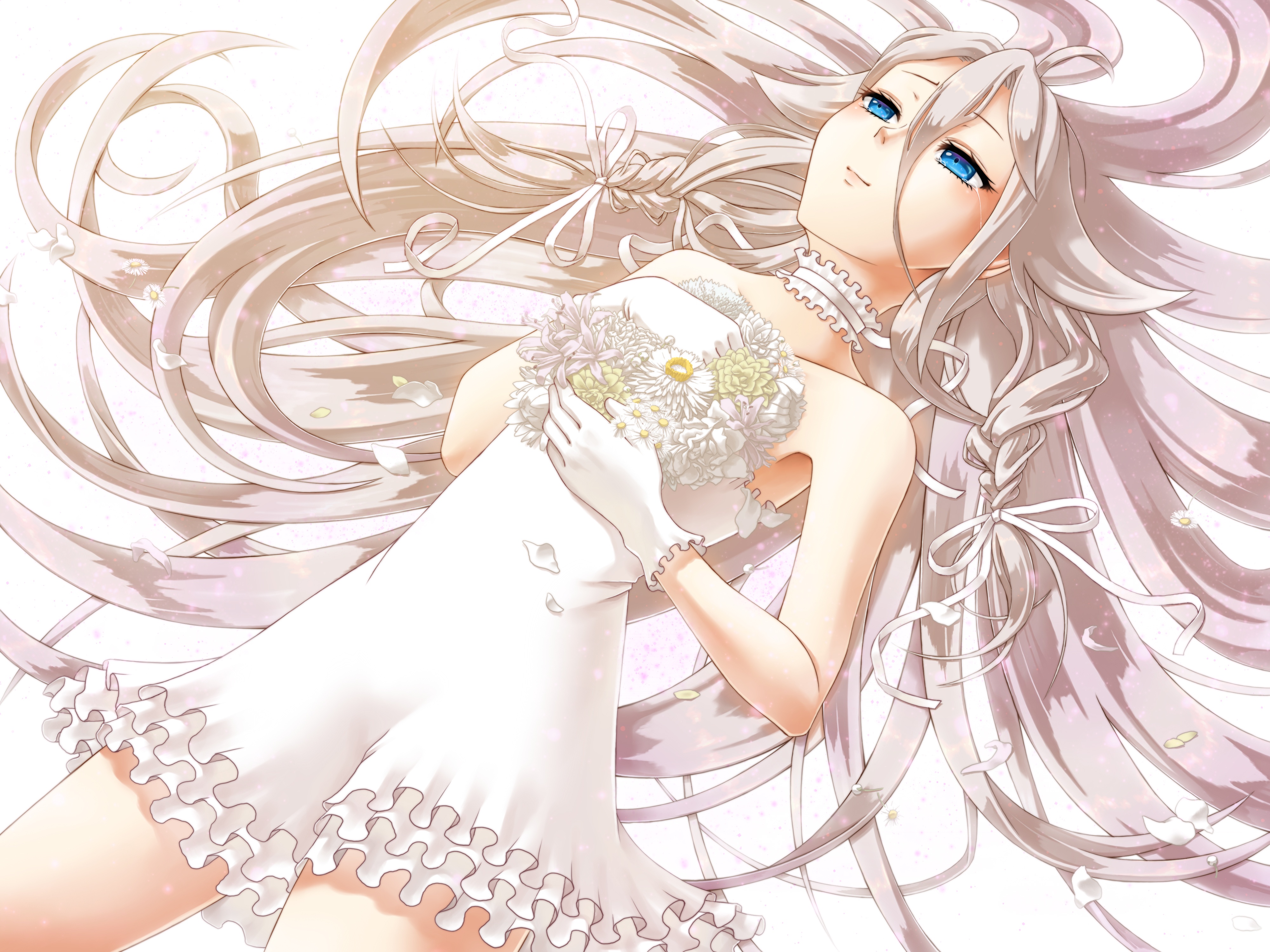 Vocaloid, IA, ahoge, blue, eyes, blush, braids, choker, crying, dress, flower, gloves, grey, hair, long, ribbon, smile, , , anime, picture, , |, , , pictures