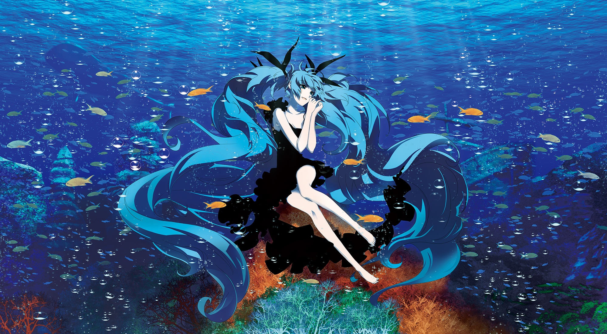 Vocaloid, Hatsune, Miku, animal, barefoot, blue, eyes, hair, dress, long, ribbon, smile, twin, tails, underwater, , , anime, picture, , |, , , pictures