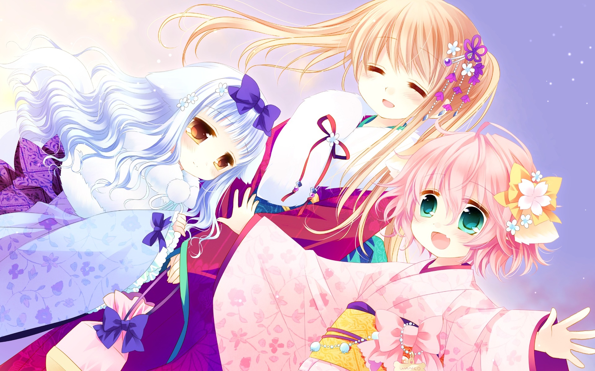 Wanko, Lily, Touko, blue, eyes, hair, blush, brown, child, fang, green, group, hairpins, happy, kimono, long, pink, ribbon, short, twin, tails, wallpaper, ^_^, , , anime, picture, , |, , , pictures