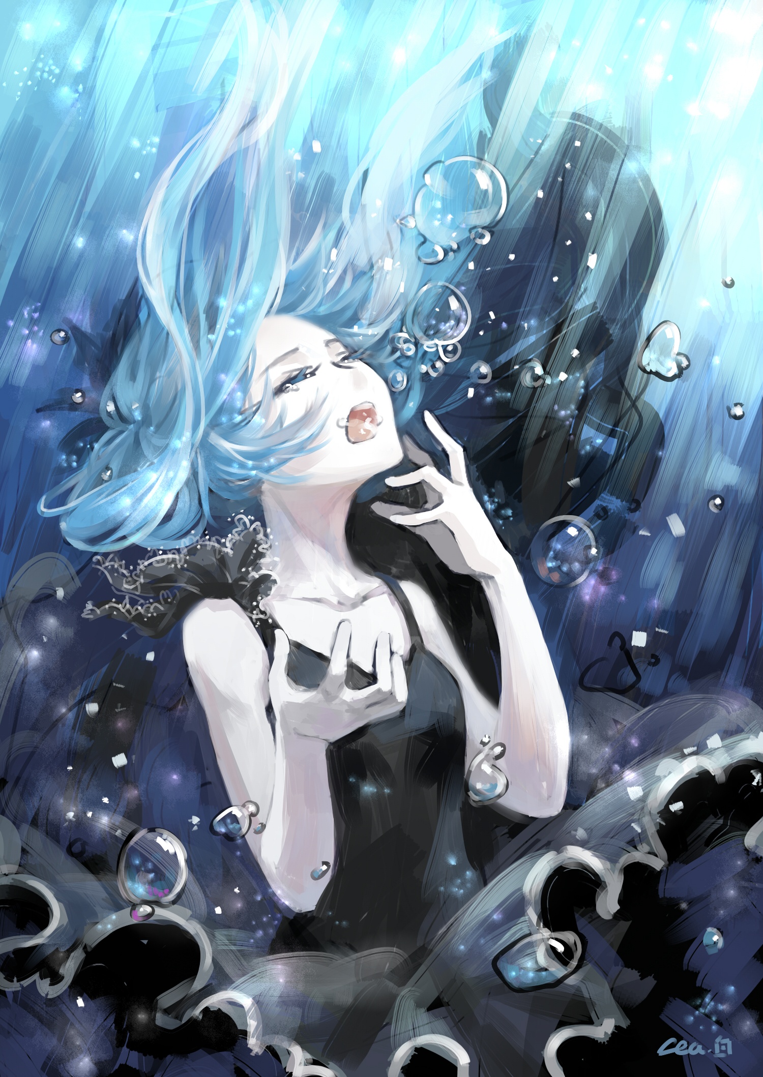 Vocaloid, Hatsune, Miku, blue, hair, crying, dress, long, ribbon, twin, tails, underwater, , , anime, picture, , |, , , pictures