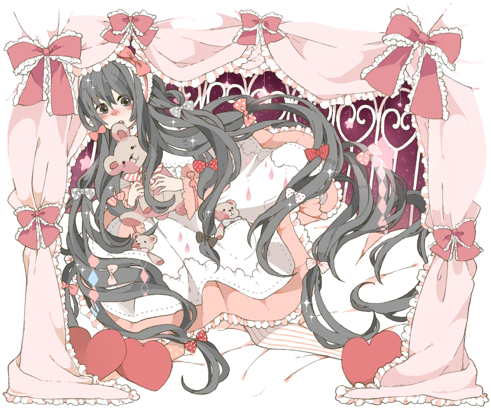 Anime, CG, Pictures, black, eyes, hair, blush, dress, headdress, heart, long, pillow, ribbon, surprised, teddy, , , picture, , |, , 