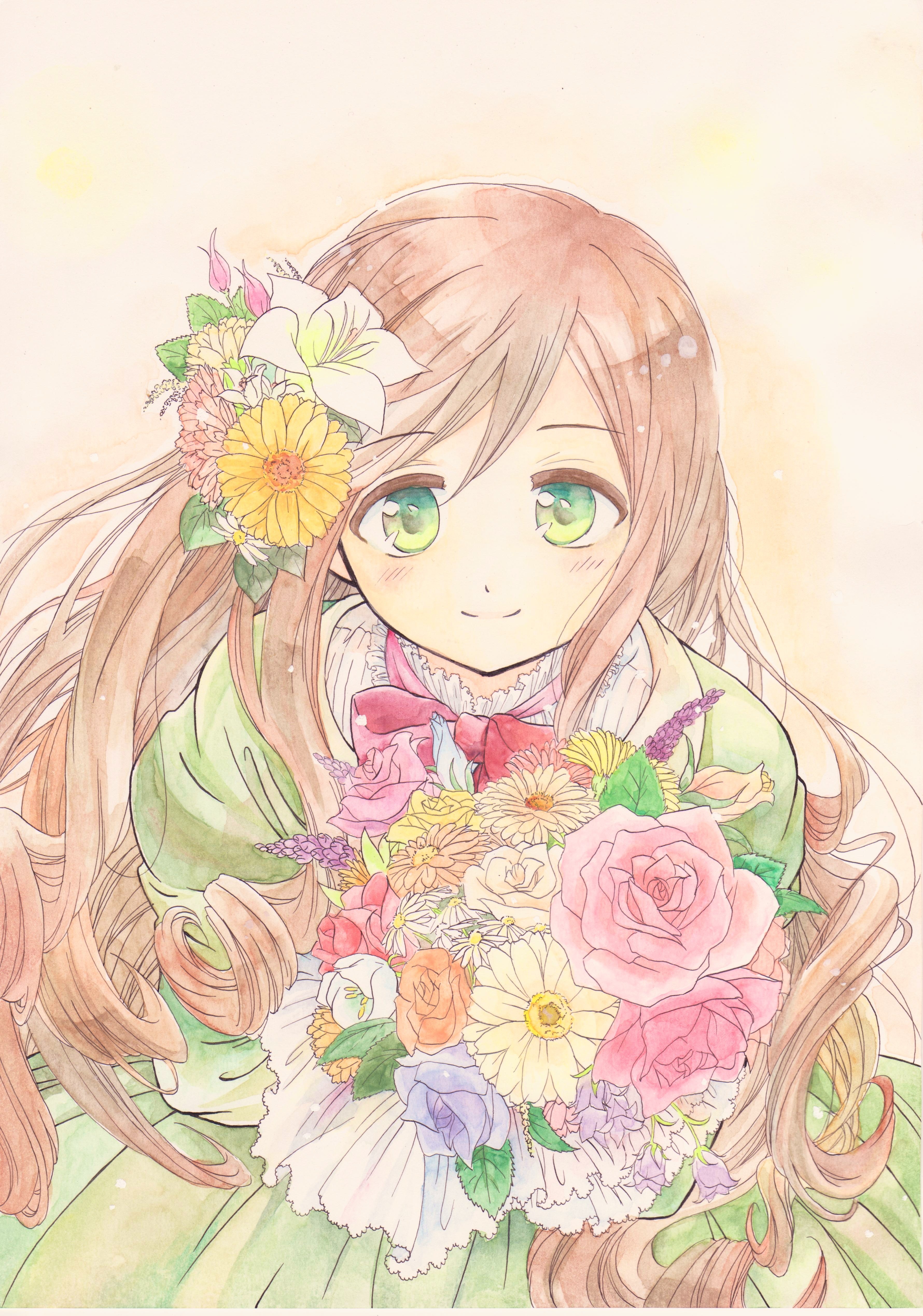 Axis, Powers, Hetalia, Hungary, brown, hair, dress, flower, green, eyes, long, ribbon, smile, , , anime, picture, , |, , , pictures