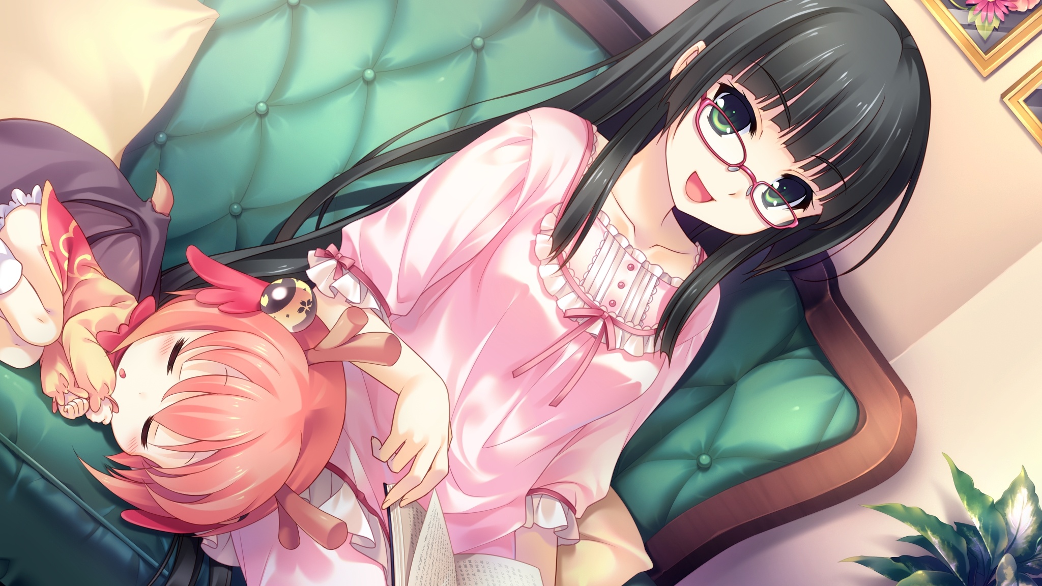Guardian, Place, ~Do, S, Imouto, Yome~, Suminoin, Ouka, animal, ears, black, hair, book, green, eyes, happy, horns, long, megane, pajama, pink, short, sleep, , , anime, picture, , |, , , pictures