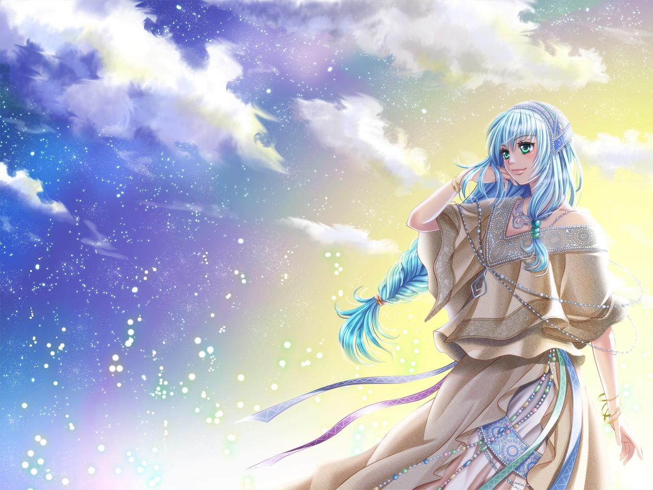 Anime, CG, Pictures, blue, hair, braids, dress, green, eyes, headdress, jewelry, long, skirt, smile, stars, wallpaper, , , picture, , |, , 