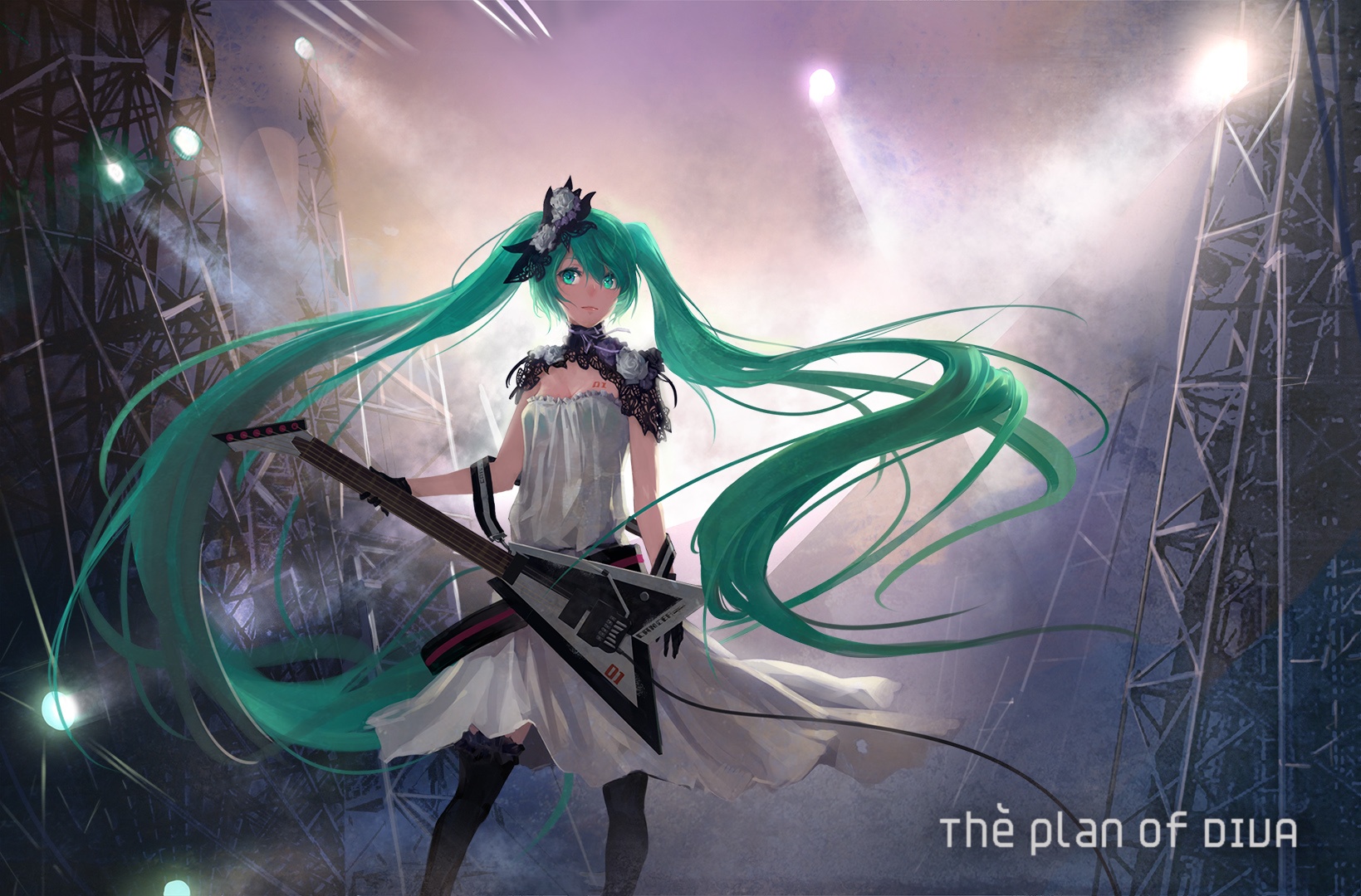 Vocaloid, Hatsune, Miku, choker, dress, flower, gloves, green, eyes, hair, guitar, long, ribbon, tattoo, thigh, highs, twin, tails, , , anime, picture, , |, , , pictures