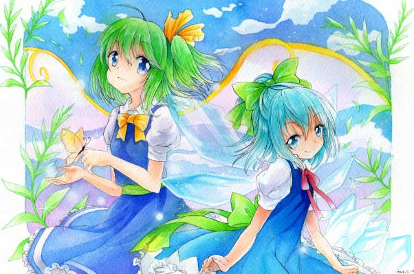 Touhou : Cirno Daiyousei 103347
 586679  touhou  cirno daiyousei   ( Anime CG Anime Pictures      ) 103347   : Mosho
ahoge blue eyes hair butterfly dress green ice ponytail ribbon short side tail sky smile wings   anime picture