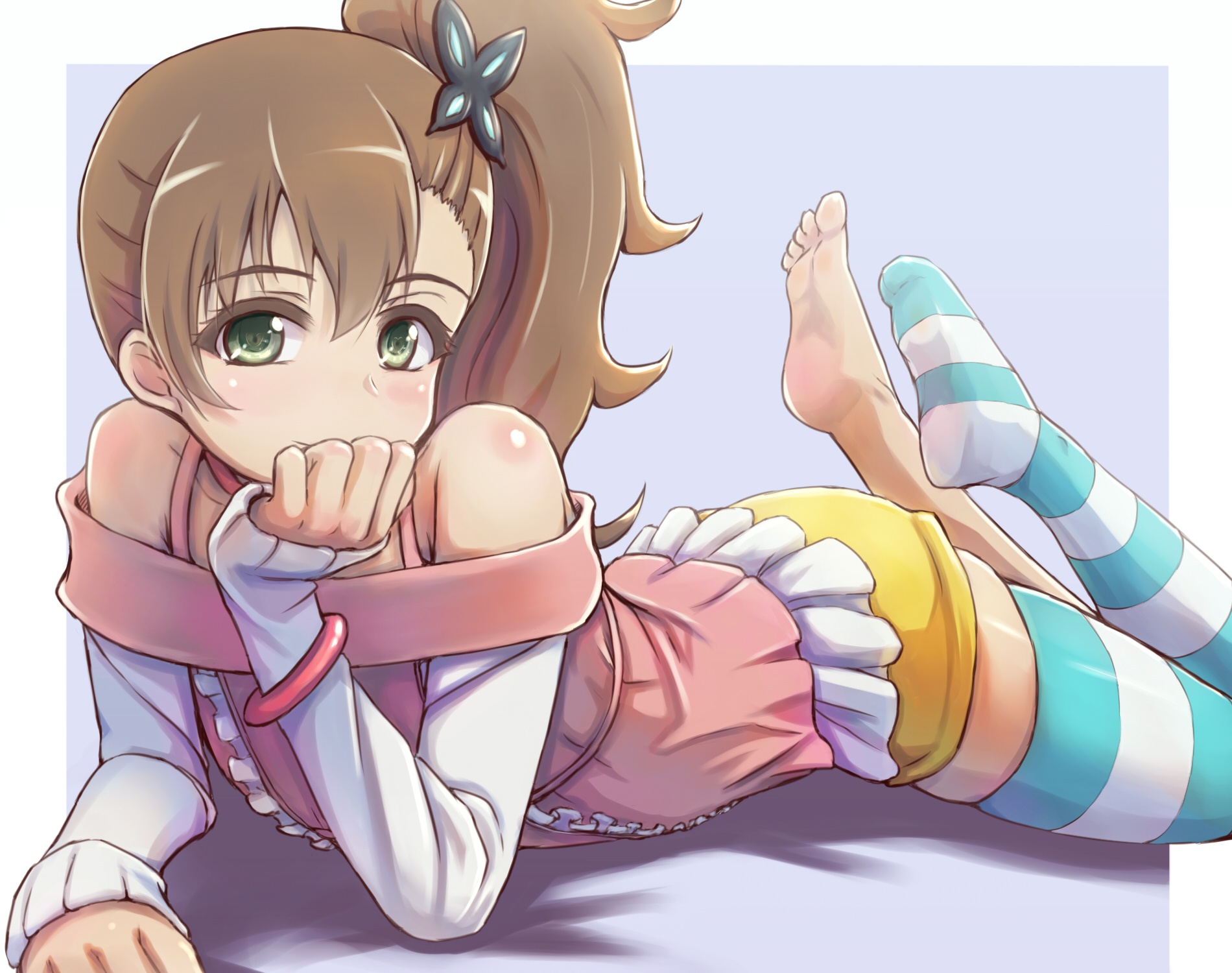 Chousoku, Henkei, Gyrozetter, Inaba, Rinne, barefoot, blush, brown, hair, green, eyes, hairpins, long, shorts, side, tail, smile, thigh, highs, , , anime, picture, , |, , , pictures