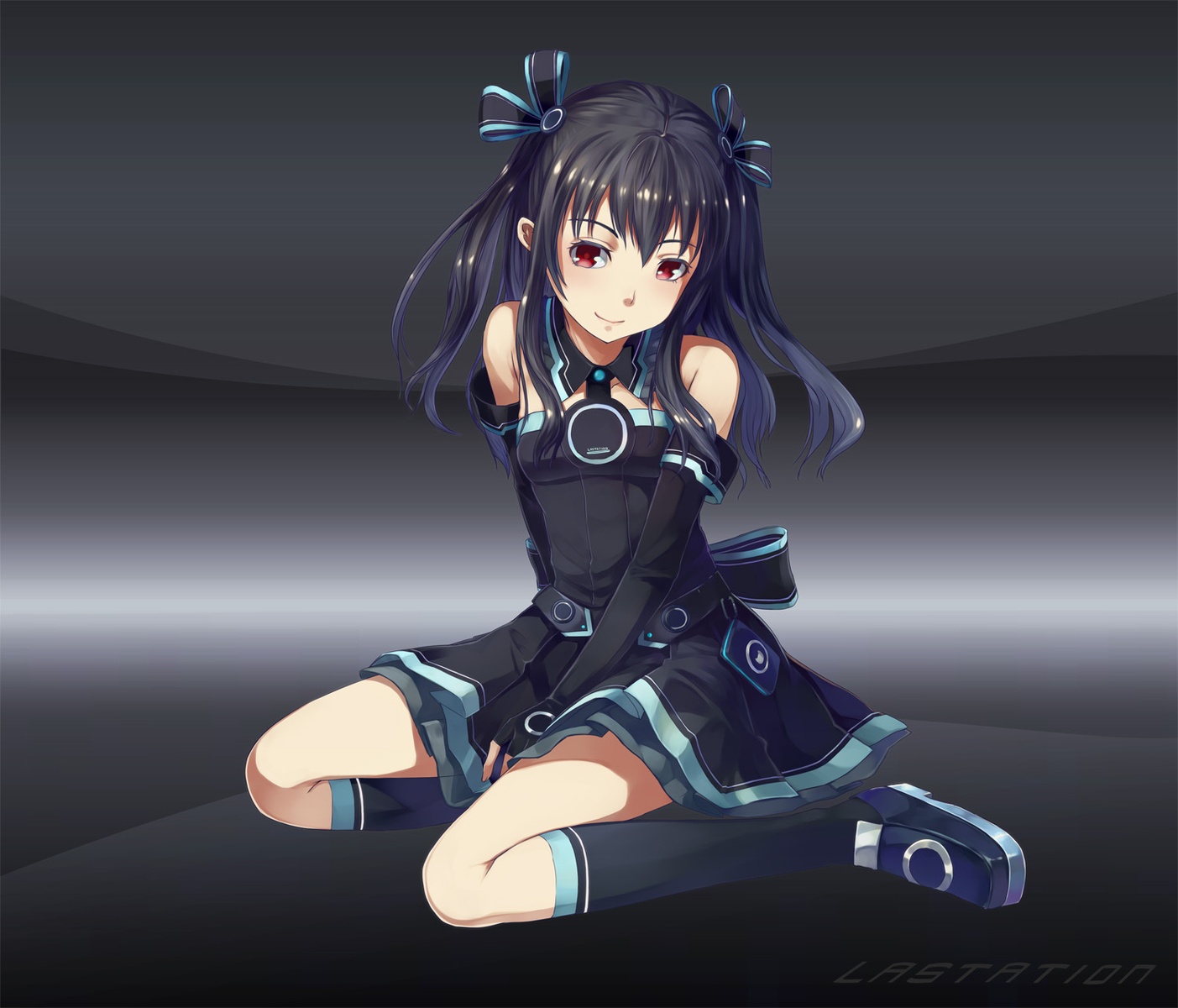 Hyperdimension, Neptunia, Uni, black, hair, blush, boots, dress, gloves, long, eyes, ribbon, smile, twin, tails, , , anime, picture, , |, , , pictures