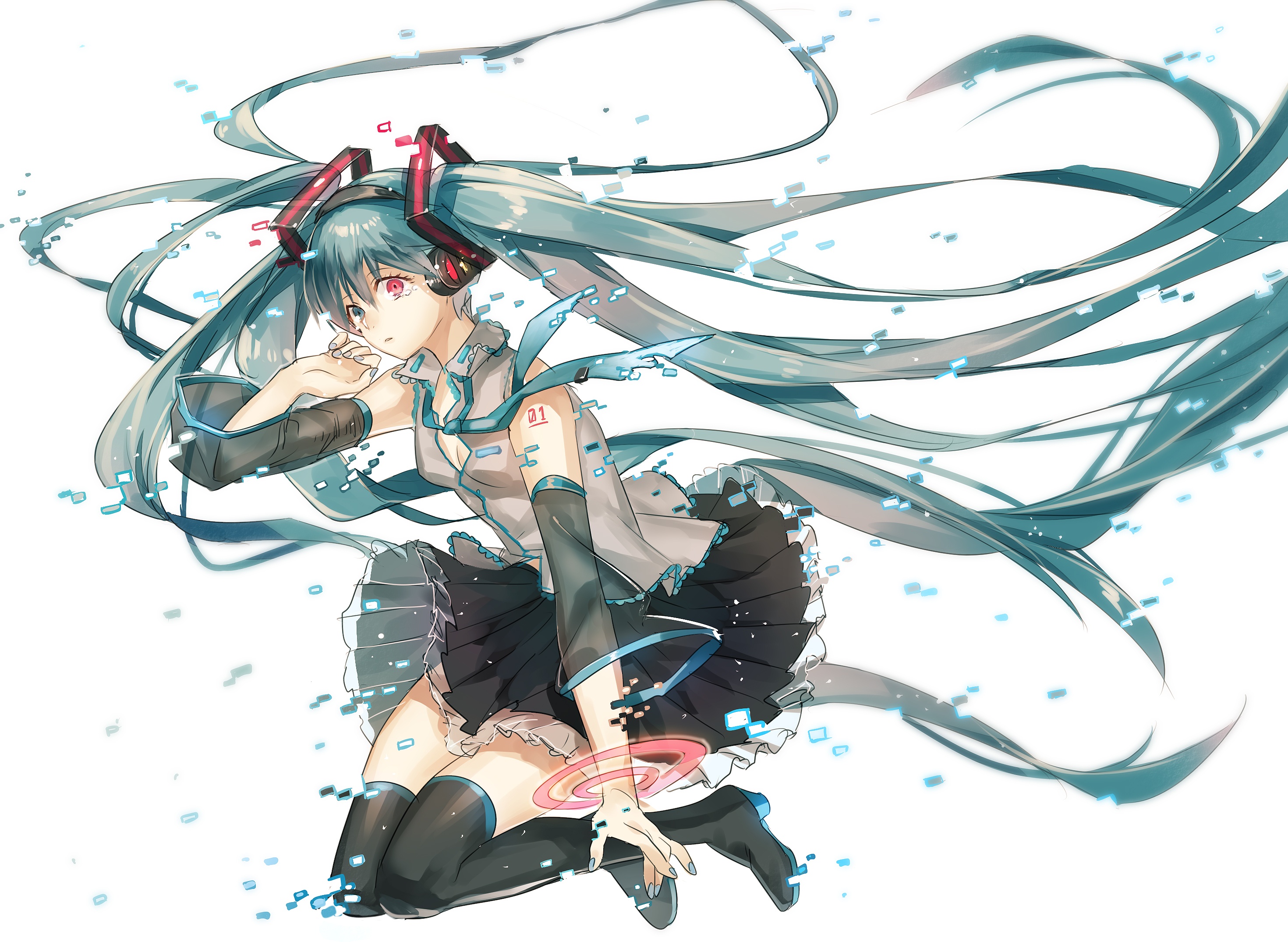 Vocaloid, Hatsune, Miku, blue, eyes, hair, boots, headphones, heterochromia, long, nail, polish, skirt, tattoo, twin, tails, , , anime, picture, , |, , , pictures