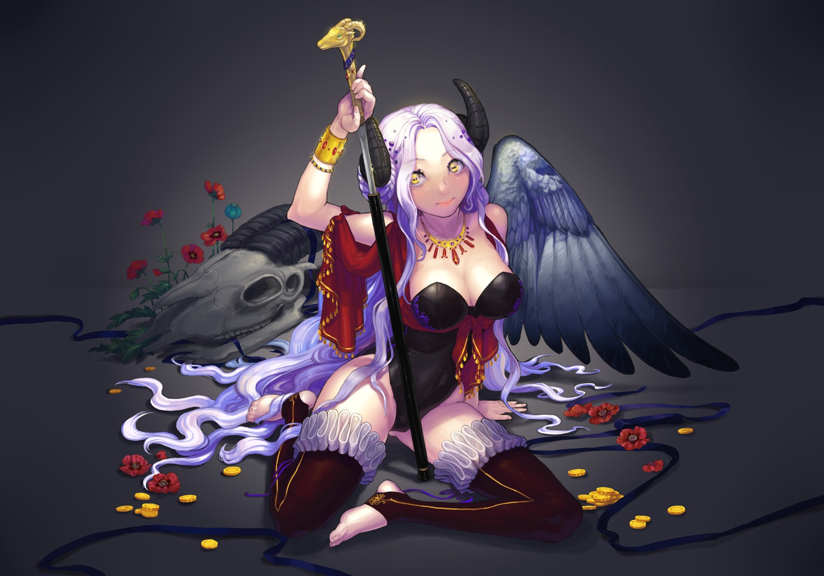 Anime, CG, Pictures, barefoot, devil, flower, horns, jewelry, long, hair, ribbon, staff, thigh, highs, white, wings, yellow, eyes, , , picture, , |, , 