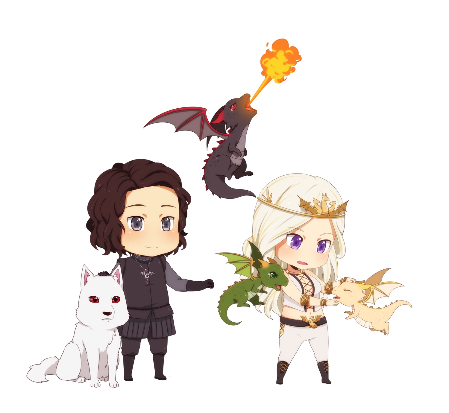A, Song, Ice, Fire, Daenerys, Targaryen, Drogon, Ghost, Jon, Snow, Rhaegal, Viserion, angry, animal, black, hair, boots, chibi, flying, gloves, grey, eyes, group, happy, horns, jewelry, long, pants, purple, royalty, short, smile, white, ^_^, , , anime, picture, , |, , , pictures