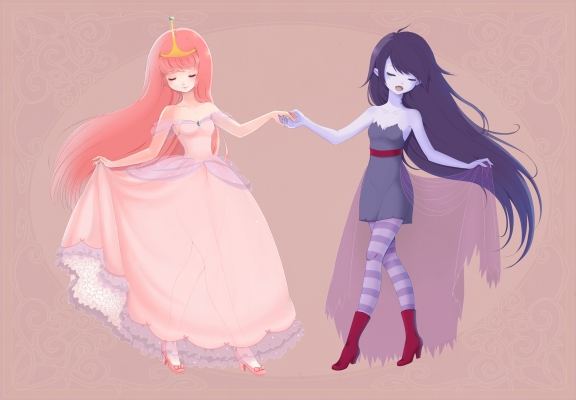 Adventure Time : Marceline Abadeer Princess Bubblegum 103445
 587012  adventure time  marceline abadeer princess bubblegum   ( Anime CG Anime Pictures      ) 103445   : Bonxy
ahoge black hair blush boots dress fang high heels holding hands pantyhose pink royalty smile   anime picture