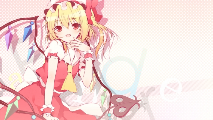 Touhou : Flandre Scarlet 103450
 587033  touhou  flandre scarlet   ( Anime CG Anime Pictures      ) 103450   : Kiyu
blonde hair blush dress fang happy hat long ribbon side tail staff wallpaper wings   anime picture
