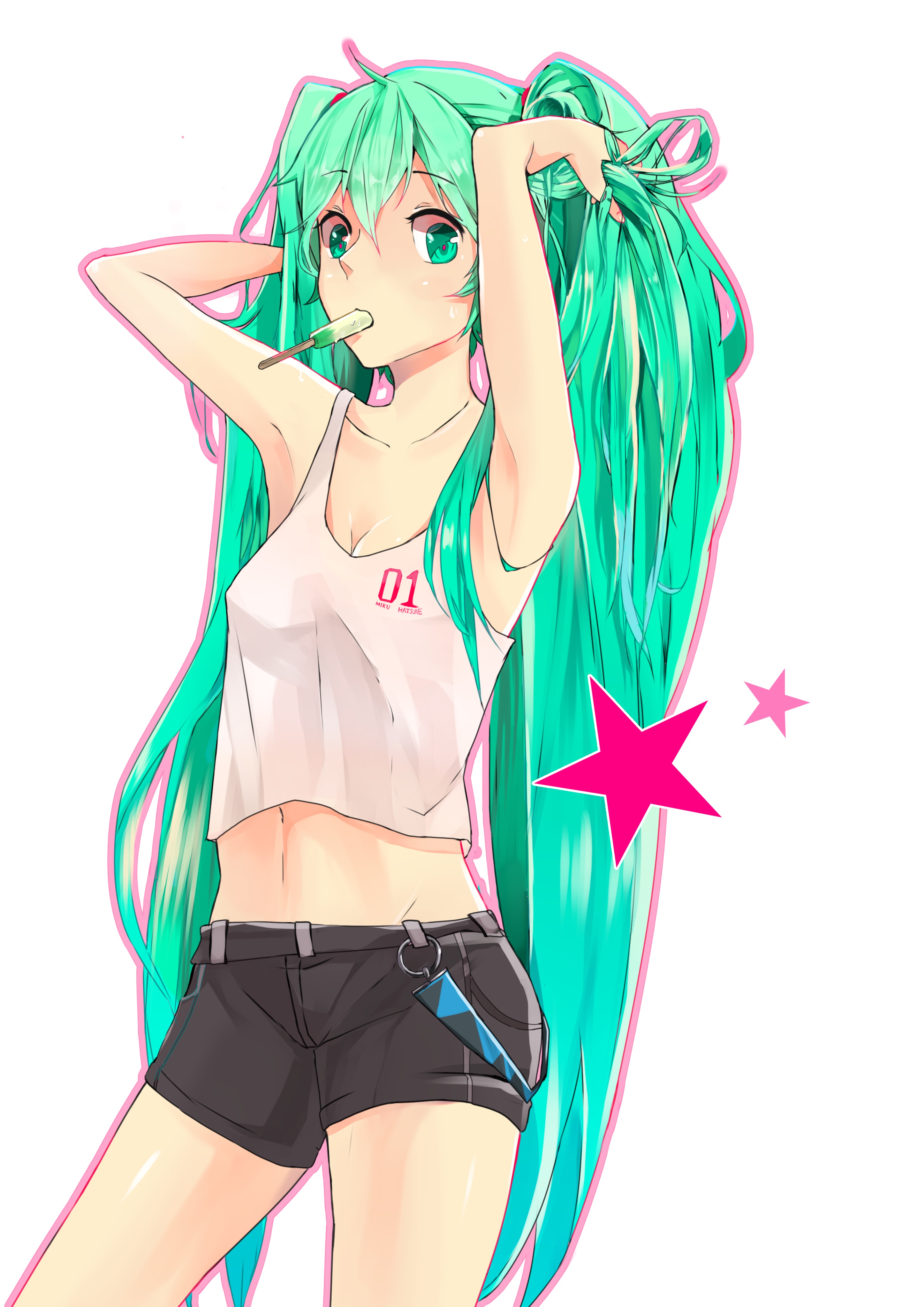 Vocaloid, Hatsune, Miku, ahoge, green, eyes, hair, cream, long, shorts, stars, twin, tails, , , anime, picture, , |, , , pictures