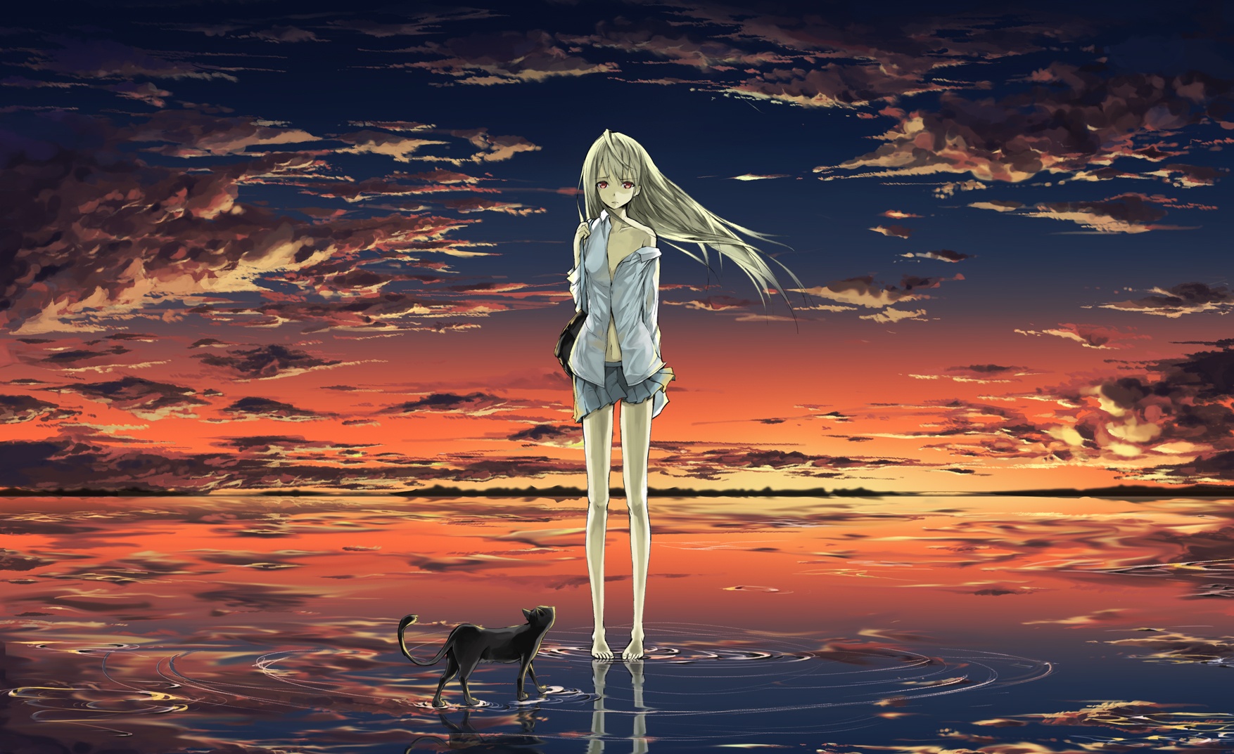 Anime, CG, Pictures, barefoot, grey, hair, long, neko, eyes, skirt, sunset, water, , , picture, , |, , 
