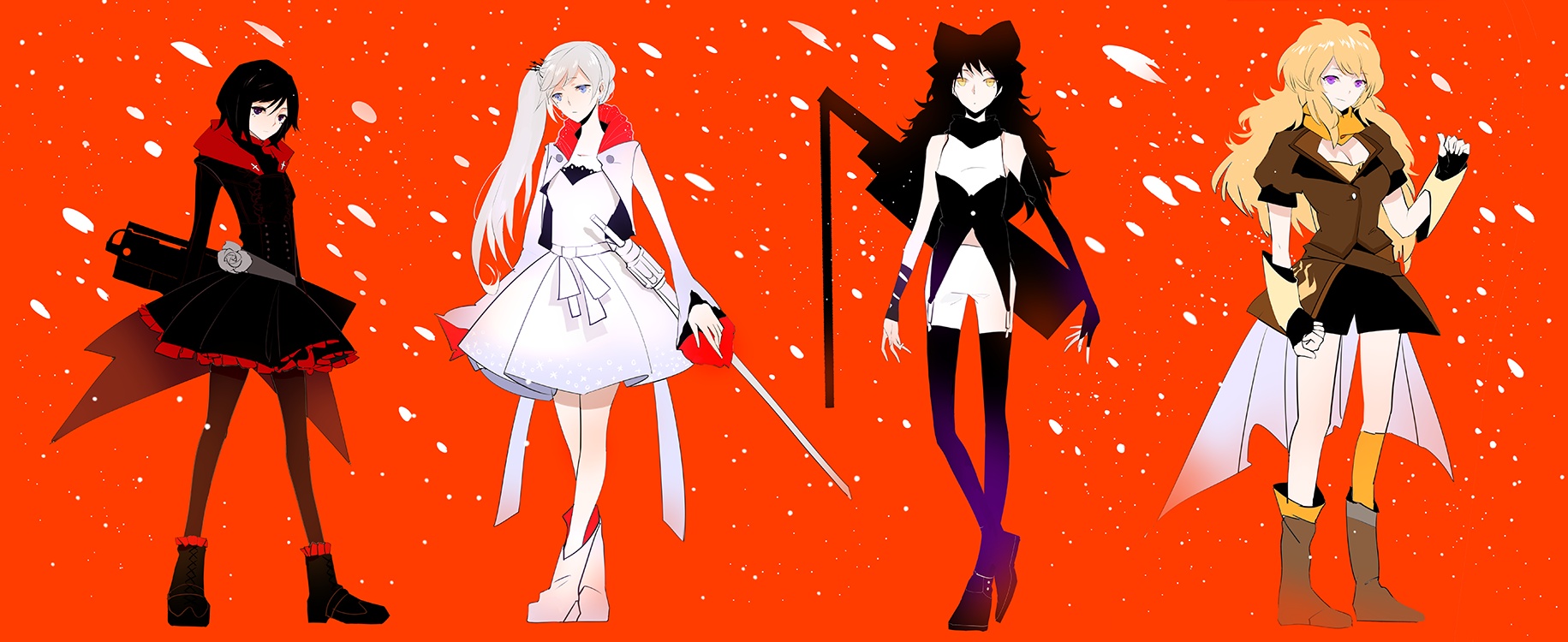 RWBY, Blake, Belladonna, Ruby, Rose, Weiss, Schnee, Yang, Xiao, Long, black, eyes, hair, blonde, boots, dress, gloves, pantyhose, purple, scarf, short, shorts, side, tail, smile, snow, sword, white, yellow, , , anime, picture, , |, , , pictures