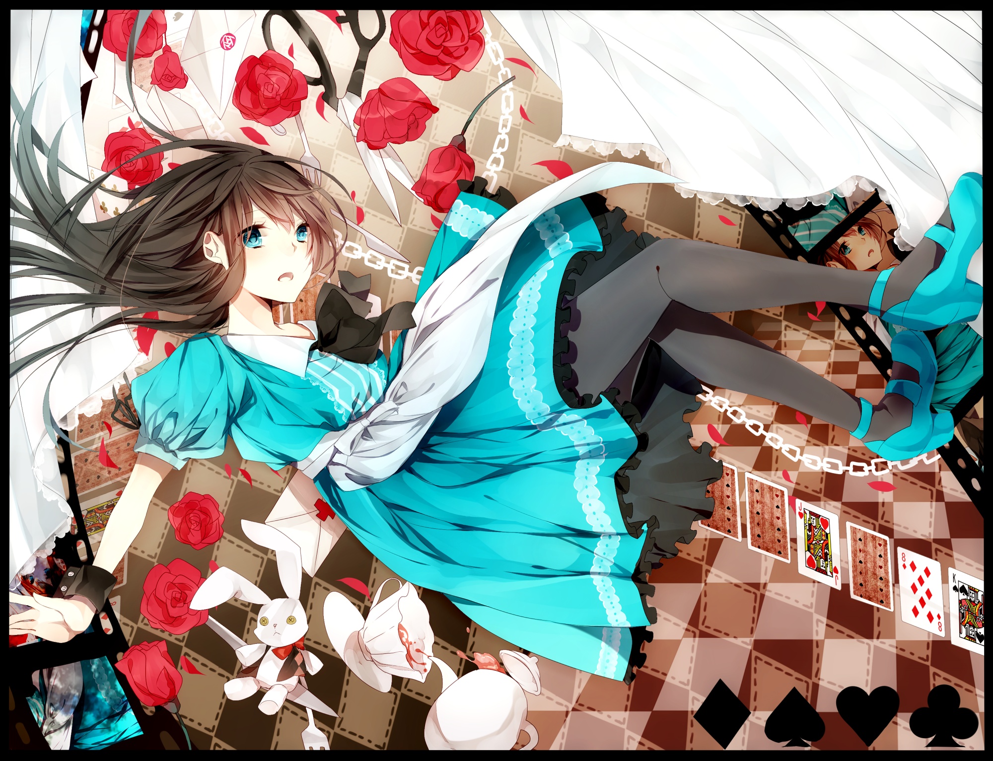 Alice, Wonderland, blue, eyes, brown, hair, card, dress, flower, long, pantyhose, stuffed, animal, , , anime, picture, , |, , , pictures