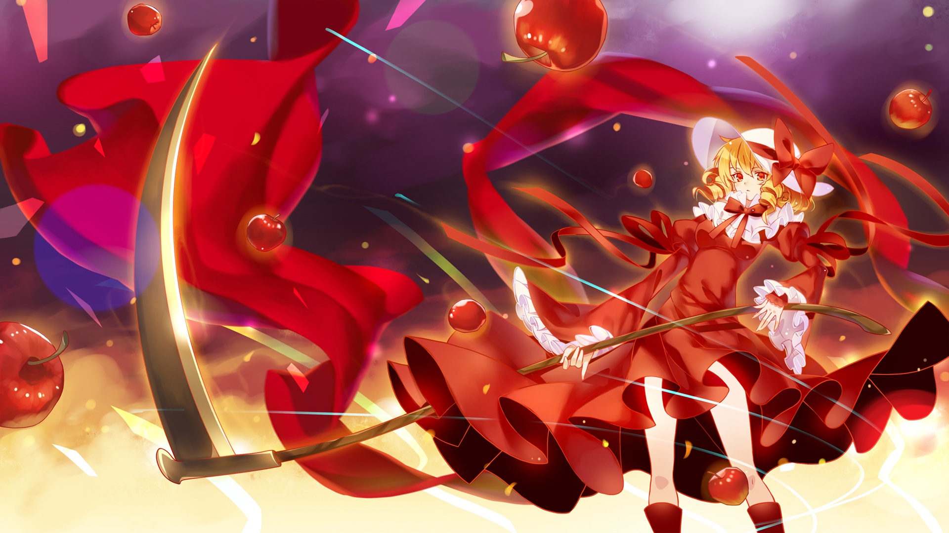 Touhou, Elly, blonde, hair, boots, curly, dress, food, long, polearm, eyes, ribbon, wallpaper, , , anime, picture, , |, , , pictures