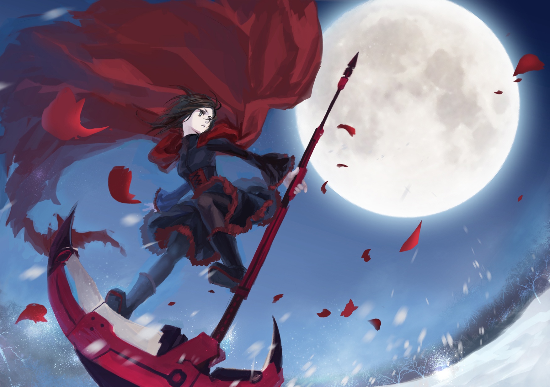 RWBY, Ruby, Rose, black, eyes, hair, cloak, dress, moon, pantyhose, polearm, short, , , anime, picture, , |, , , pictures