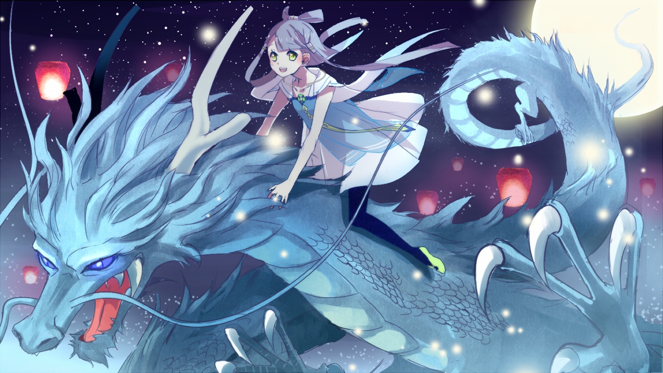 Vocaloid, Luo, Tianyi, animal, blue, hair, blush, green, eyes, happy, long, moon, night, pantyhose, , , anime, picture, , |, , , pictures
