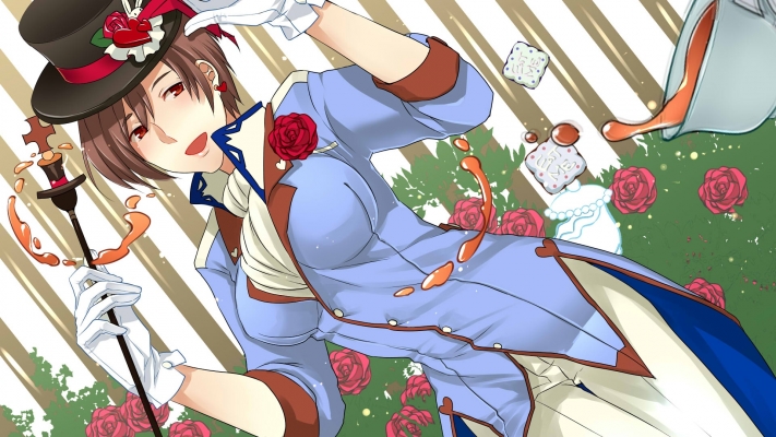 Alice in Wonderland Vocaloid : Meiko 104120
 589926  vocaloid  meiko   ( Anime CG Anime Pictures      ) 104120   : Hinaya
beverage blush brown hair crossover flower gloves happy hat heart jacket jewelry pants red eyes short staff sweets wallpaper   anime picture
