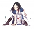 American McGees Alice : Alice Liddell 104122
angry apron black hair blue eyes boots dress feather green jewelry long nail polish thigh highs   anime picture