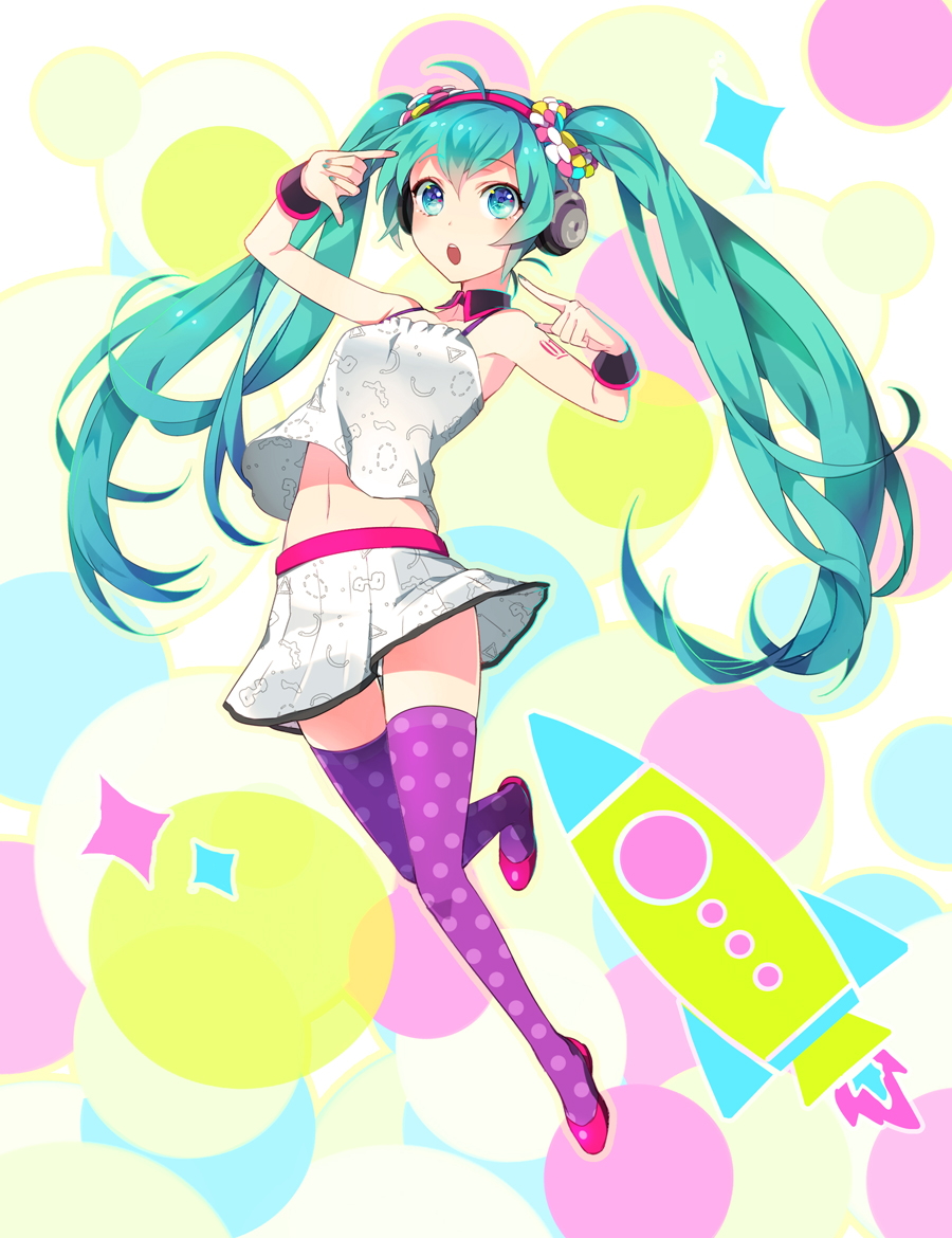 Vocaloid, Hatsune, Miku, ahoge, blue, eyes, hair, blush, choker, headphones, skirt, surprised, tattoo, thigh, highs, , , anime, picture, , |, , , pictures