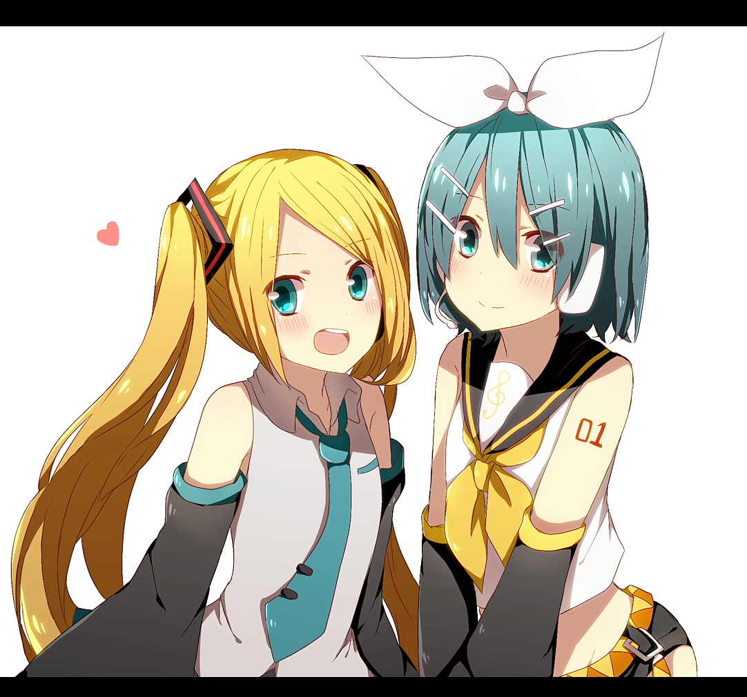 Vocaloid, Hatsune, Miku, Kagamine, Rin, blonde, hair, blue, blush, green, eyes, hairpins, happy, heart, long, ribbon, short, smile, tattoo, , , anime, picture, , |, , , pictures