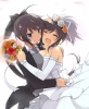 Senran Kagura : Asuka Homura 104353
ahoge blue eyes blush brown hair choker couple dress flower happy hug long ponytail ribbon short smile suit tie wedding ^_^   anime picture