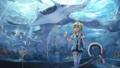 Anime CG Anime Pictures        104369
animal blonde hair blue eyes brown child group happy jacket long side tail skirt water   anime picture